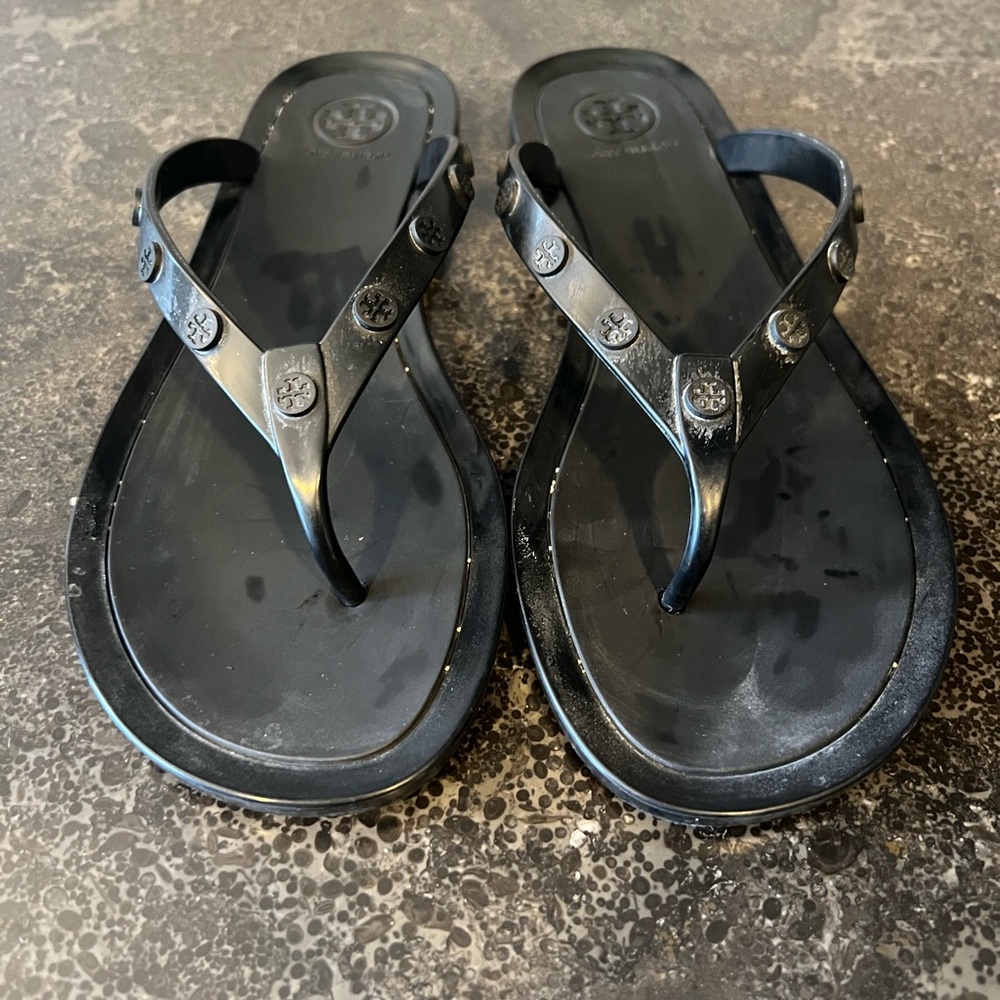 Tory Burch-57086 Black Studded Jelly Flip Flops US Sz- 9 Pre-Owned